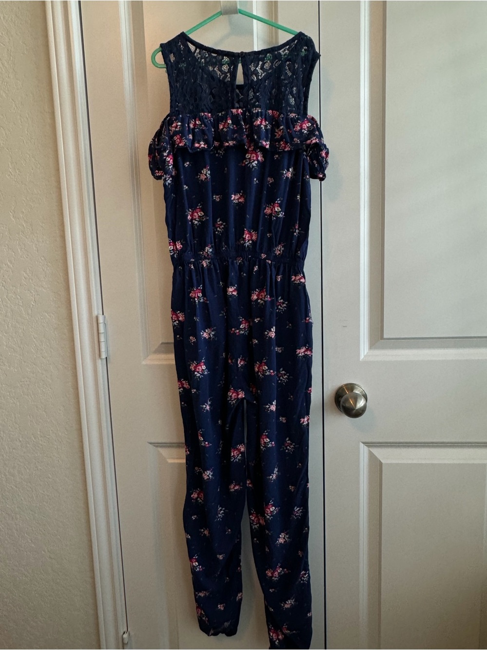 Epic Threads Navy Floral Lace-Trim Romper with Pink Accents Size Large